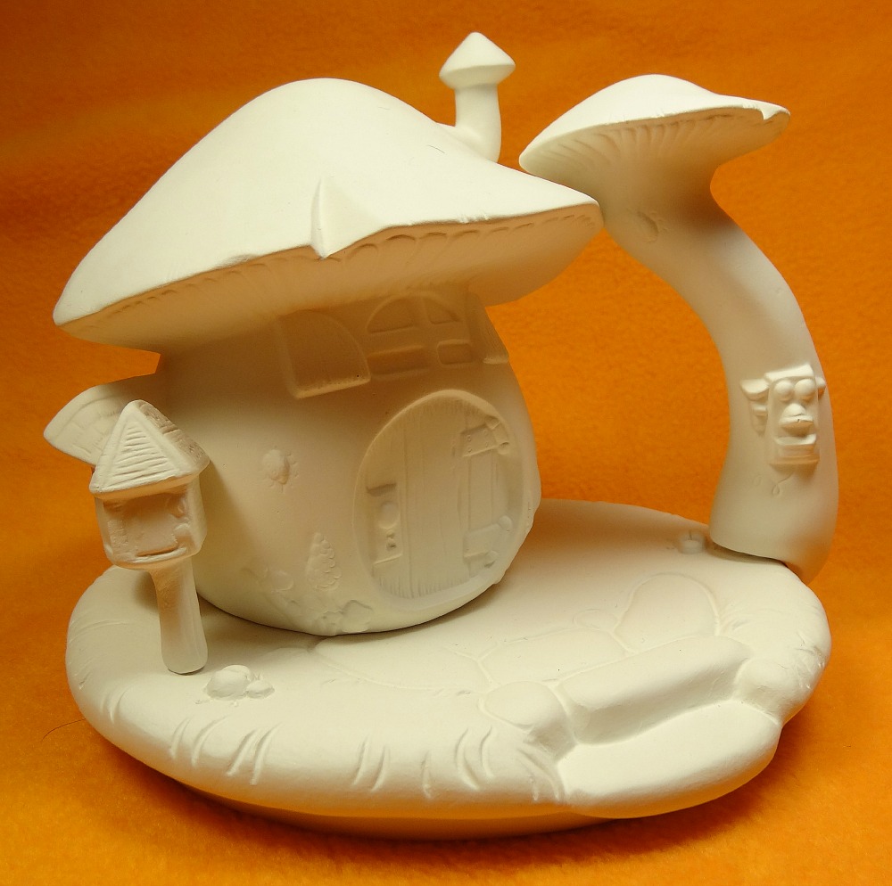 Ceramic Bisque Handcrafted in The USA Fairy Cottage 7 Ready to Paint Mushroom Fairy House w Caterpillar Unpainted 